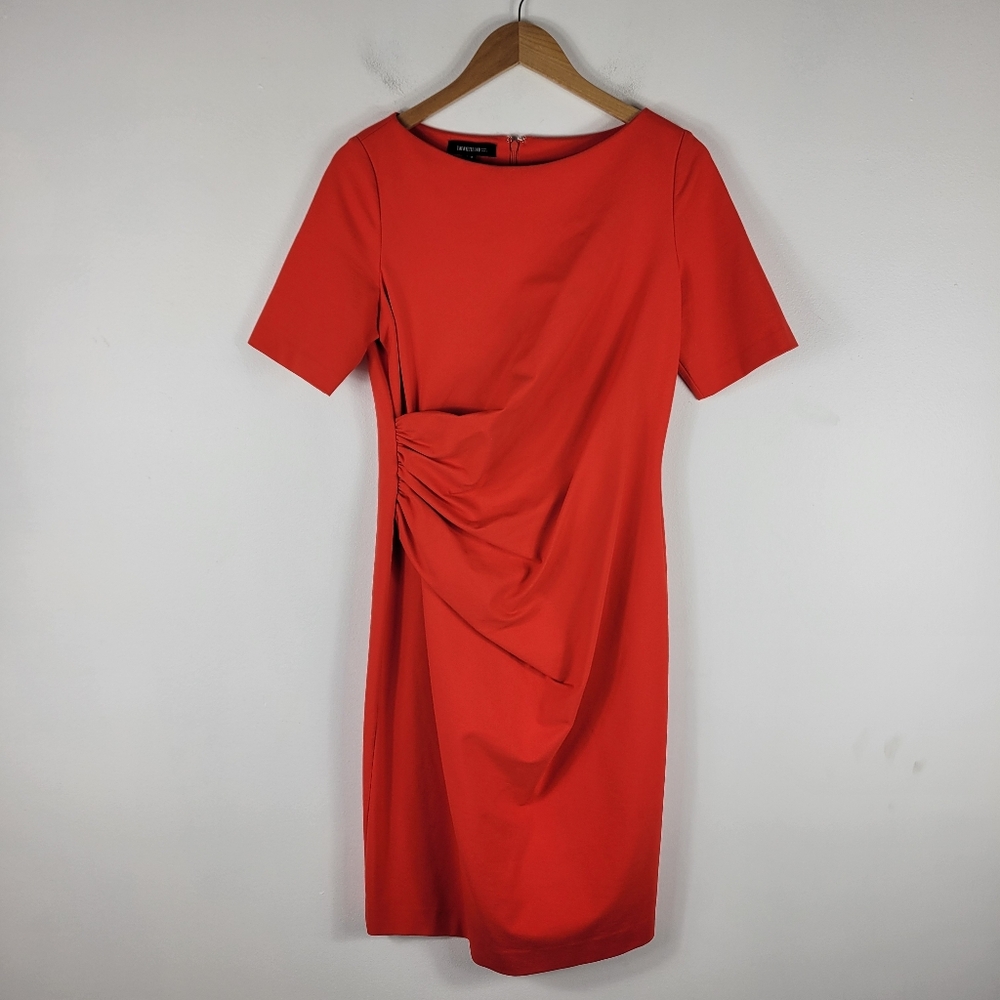 New Lafayette 148 Ponte Knit Quarter Sleeve Ruched Knee Length Sheath Dress
